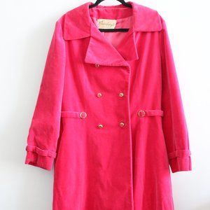 1960's Hot Pink Velveteen Double Breasted Trench Coat Size 16